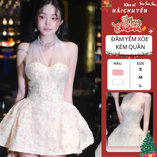  Đầm yếm ngắn xoè hoa ren nổi KÈM QUẦN kho sỉ hải chuyền Đ820 