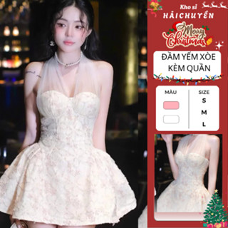  Đầm yếm ngắn xoè hoa ren nổi KÈM QUẦN kho sỉ hải chuyền Đ820 