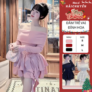  Đầm Trễ Vai Dài Tay Eo Đính Hoa Form Xòe Tầng Vạt Bèo Chất Vải Tăm Sang Chảnh Kho Sỉ Hải Chuyền 