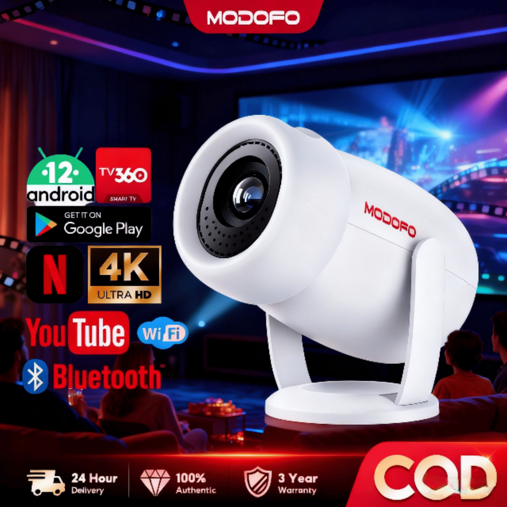 MODOFO Máy chiếu mini gia đình 4K HD có thể kết nối Bluetooth và WIFI, tương thích với hệ thống Android 12 và đi kèm màn