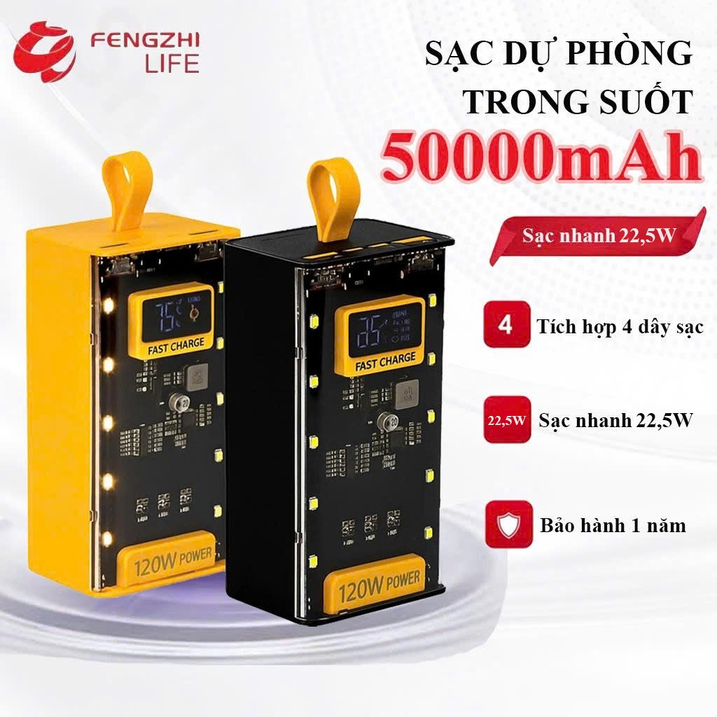 Sạc dự phòng 50.000mAh 22,5W thiết kế trong suốt thời thượng 2 cổng 22.5W Type-C 20W kèm 4 đầu sạc