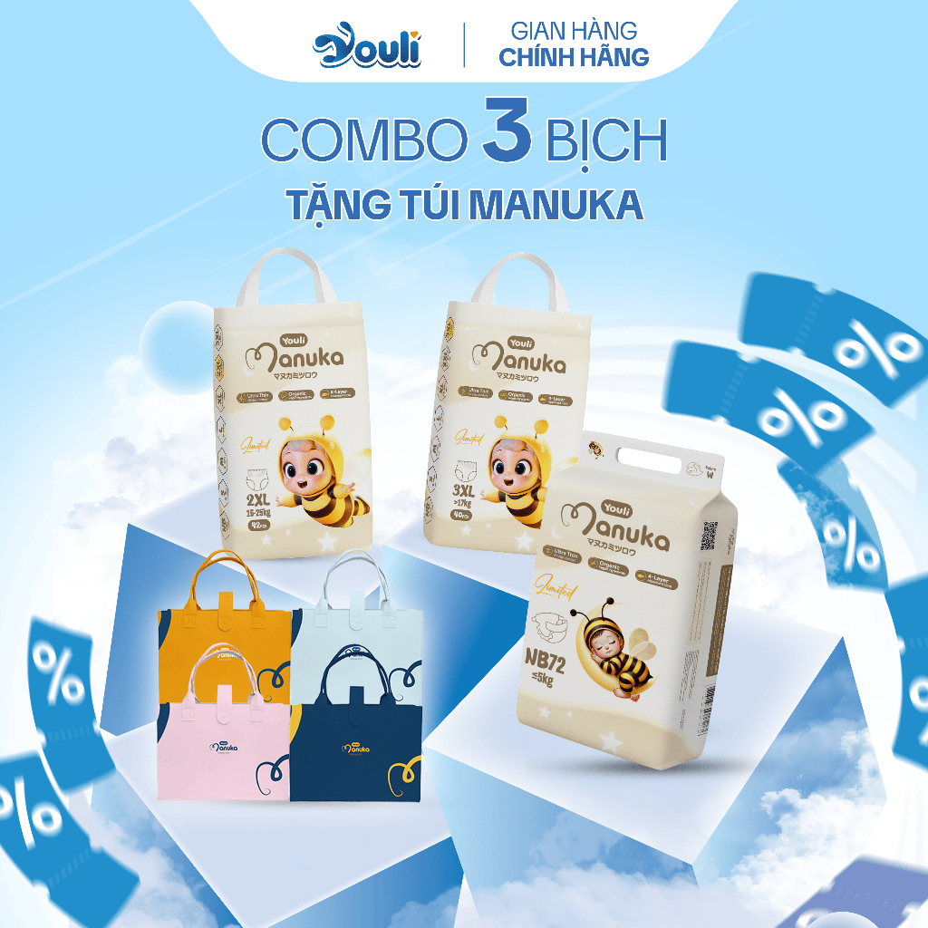 [TẶNG TÚI MANUKA] Combo 3 tã bỉm quần/dán Manuka limited phiên bản giới hạn thoáng mát chống hăm siz