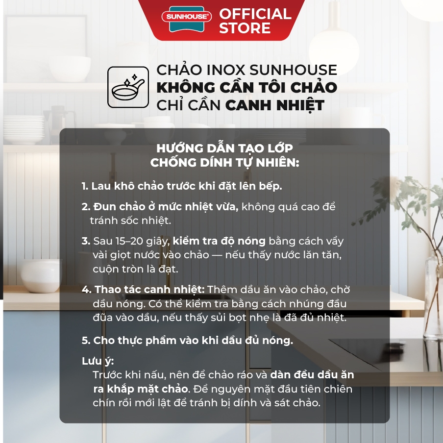 Chảo Inox 304 cao cấp Sunhouse Healthy IN16-20-24-26-28M9 - Phù hợp mọi loại bếp - Tay cầm Inox không gỉ | BigBuy360 - bigbuy360.vn