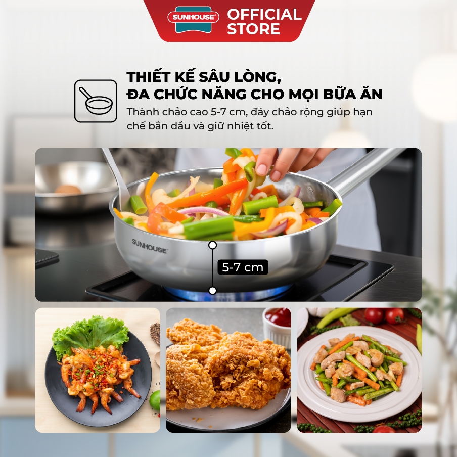 Chảo Inox 304 cao cấp Sunhouse Healthy IN16-20-24-26-28M9 - Phù hợp mọi loại bếp - Tay cầm Inox không gỉ | BigBuy360 - bigbuy360.vn