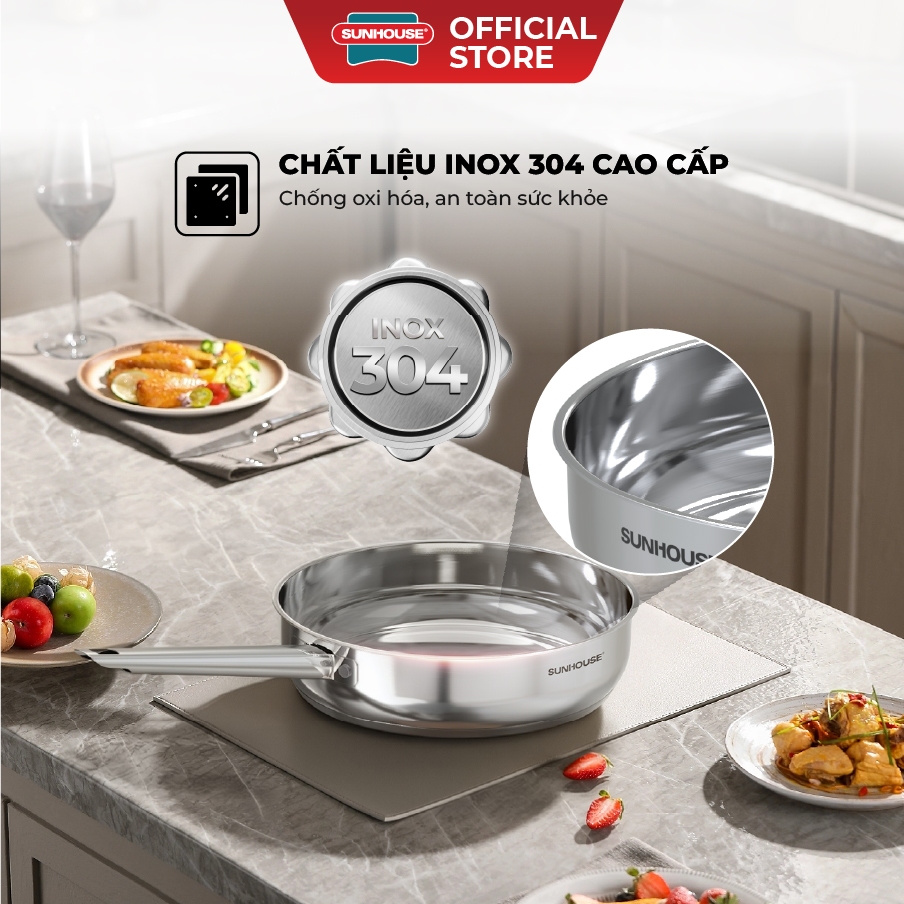 Chảo Inox 304 cao cấp Sunhouse Healthy IN16-20-24-26-28M9 - Phù hợp mọi loại bếp - Tay cầm Inox không gỉ | BigBuy360 - bigbuy360.vn