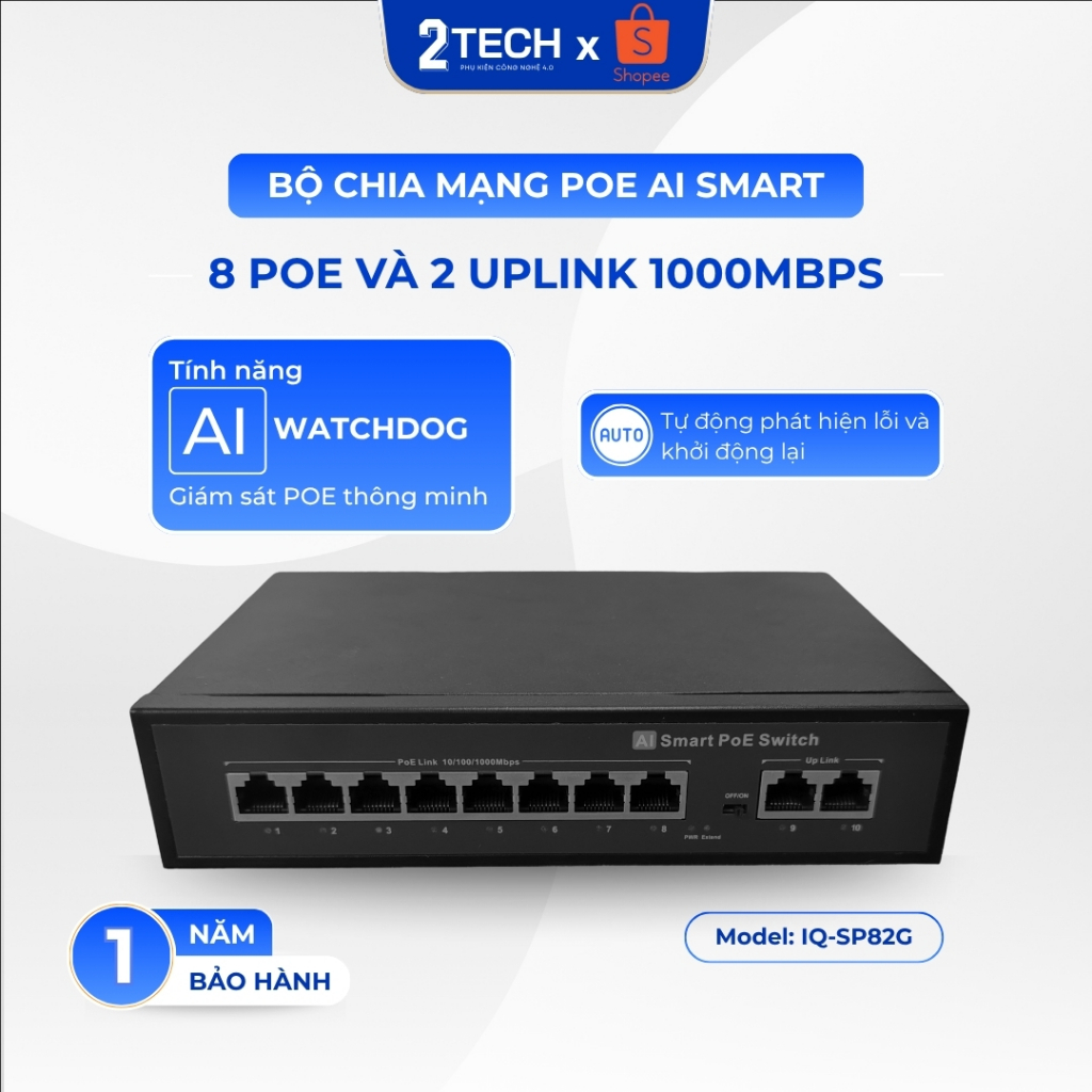 [AI] Bộ chia mạng Switch POE IQ-SP82G, 1000MBPS 8 cổng POE, 2 cổng Uplink, AI Watchdog tự động
