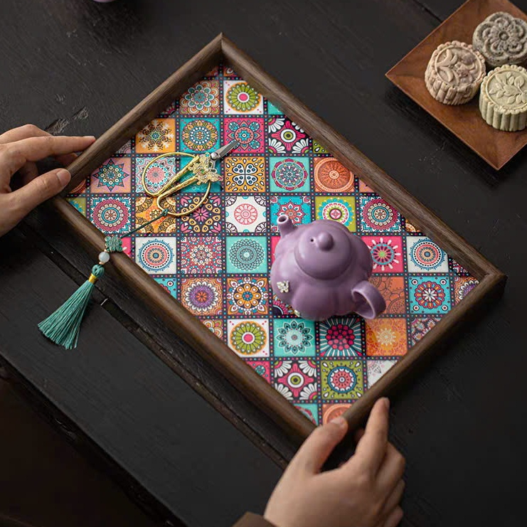 Khay decor đựng chìa khoá đồ trang sức, khay trà gỗ đựng ly cốc hoạ tiết thổ cẩm