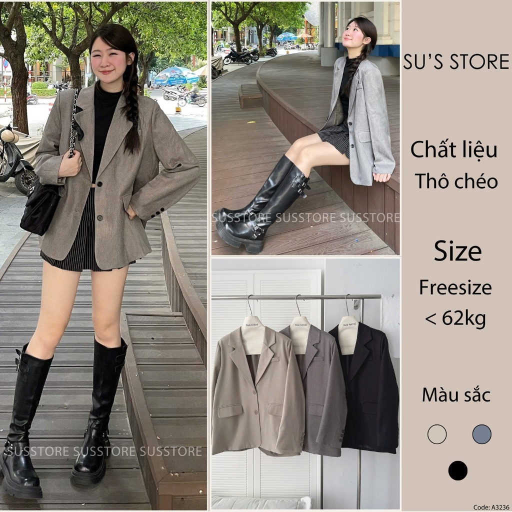 Áo Khoác Blazer Hàn Quốc Form Rộng Hai Lớp Vải Thô Chéo #1692 A3236 Su Chang Thời Trang Nữ