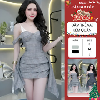  Đầm trễ vai form ngắn caro phối ren tua rua KÈM QUÂN Kho sỉ Hải Chuyền Đ788 