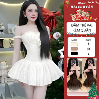  Đầm trễ vai form ngắn xòe bồng ren hoa cúc nhún V1 KÈM QUẦN Kho sỉ Hải Chuyền Đ644 