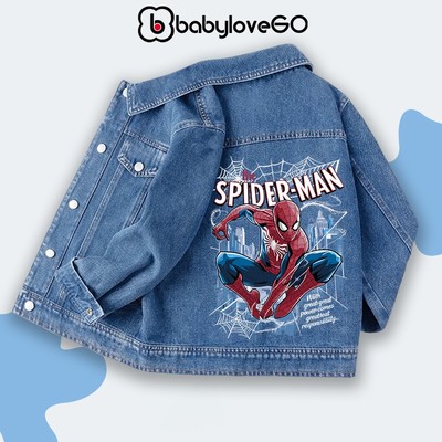 Áo khoác jeans cho bé trai BabyloveGO, áo khoác bò denim cho bé in hình siêu anh hùng Marvel độc đáo