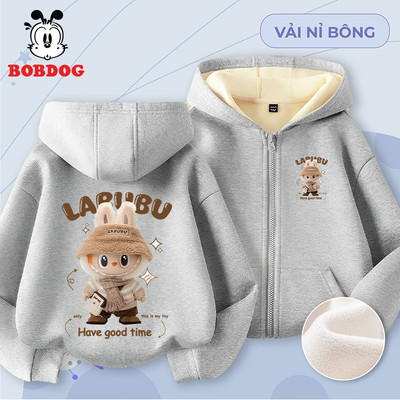 Áo khoác nỉ dày ấm cho bé trai BOBDOG áo hoodie chất nỉ bông dày dặn in hình Labubu dễ thương cho bé