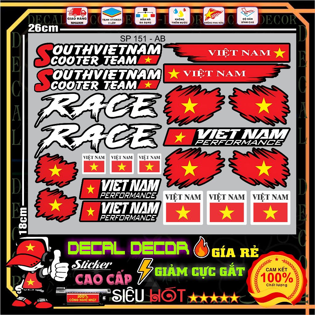 Sticker Decal Cờ Việt Nam SP151 – Bộ Tem Việt Nam Performance – Scooter Team – Dán Xe Máy, Mũ Bảo Hi