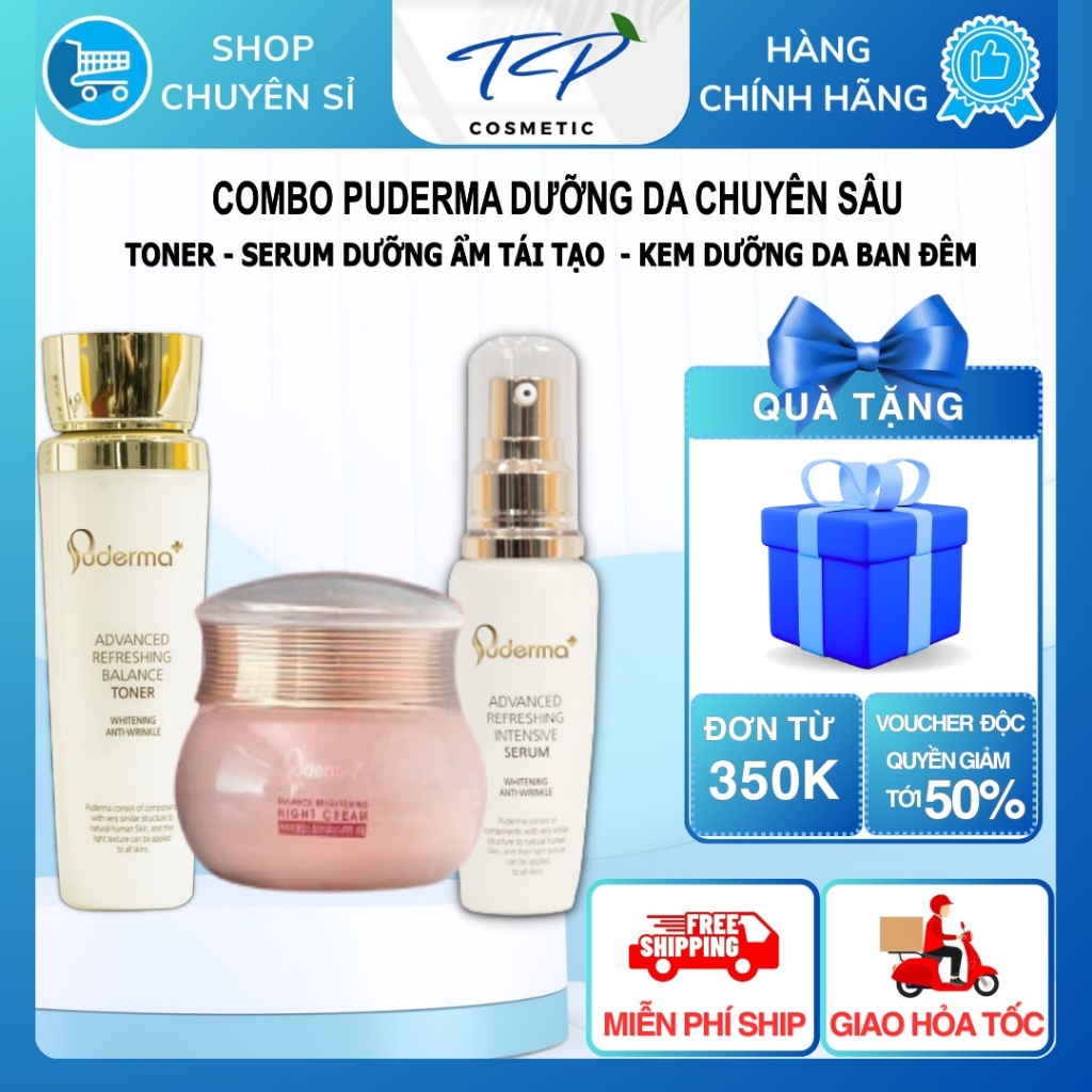 Combo dưỡng da chuyên sâu: Toner Puderma 130ml, Serum Puderma 60ml và Kem đêm Puderma Luxury Exosome