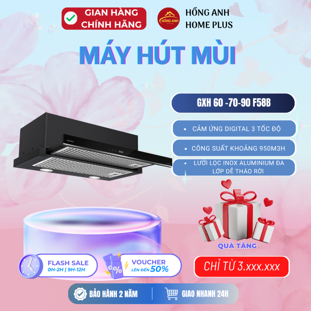 Máy hút mùi âm tủ GrandX GX H60F58B, 70, 90 dạng kéo trượt telescopic kính đen, cảm ứng 3 tốc độ