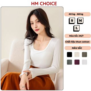  Áo cổ vuông HM tay dài form vừa dáng trơn áo thun nữ baby tee màu trắng đen HM24.12 
