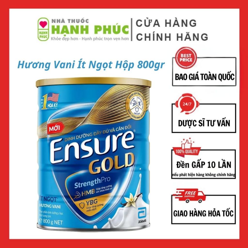 Sữa Bột Ensure Gold Hương Vani Ít Ngọt Hộp 800Gr Nhập Khẩu Chính Hãng