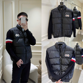  Áo khoác phao cổ trụ nam nữ PB gió da trần bông ngang thêu logo ngực mix tay len dệt sọc kẻ basic AK300P 