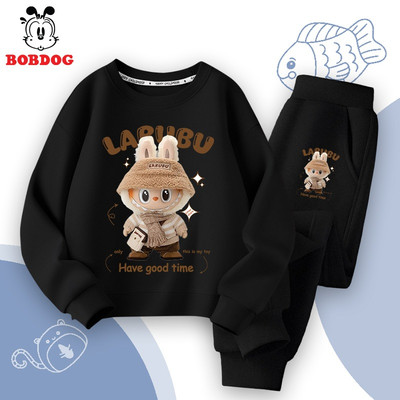 Bộ thu đông bé trai BOBDOG, quần áo dài tay chất cotton da cá ấm áp in hình LABUBU cute MX-KS43
