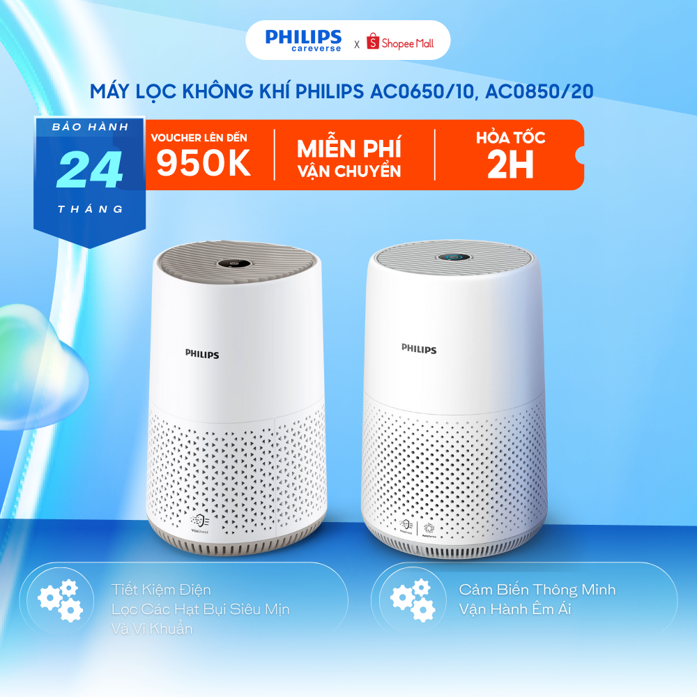 Máy Lọc Không Khí Philips AC0650/10,  AC0850/20 49m2 - Nhỏ Gọn, Lọc Bụi Mịn Nhanh, Cảm Biến Cảnh Báo
