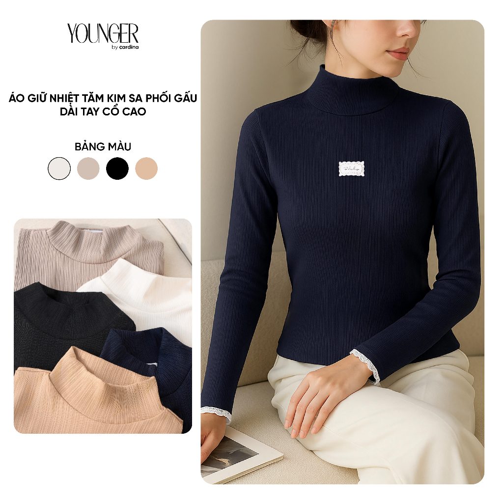 [Xả kho]Áo giữ nhiệt nữ YOUNGER BY CARDINA chất liệu tăm kim sa phối gấu dài tay cổ cao 5YAHF14