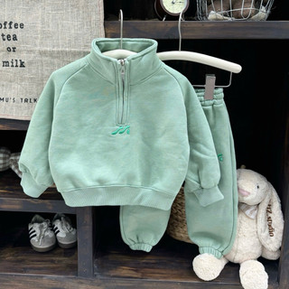  Set nỉ bông ấm mùa đông cho bé màu xanh pastel áo cổ cao khóa kéo quần jogger mềm dày dặn 