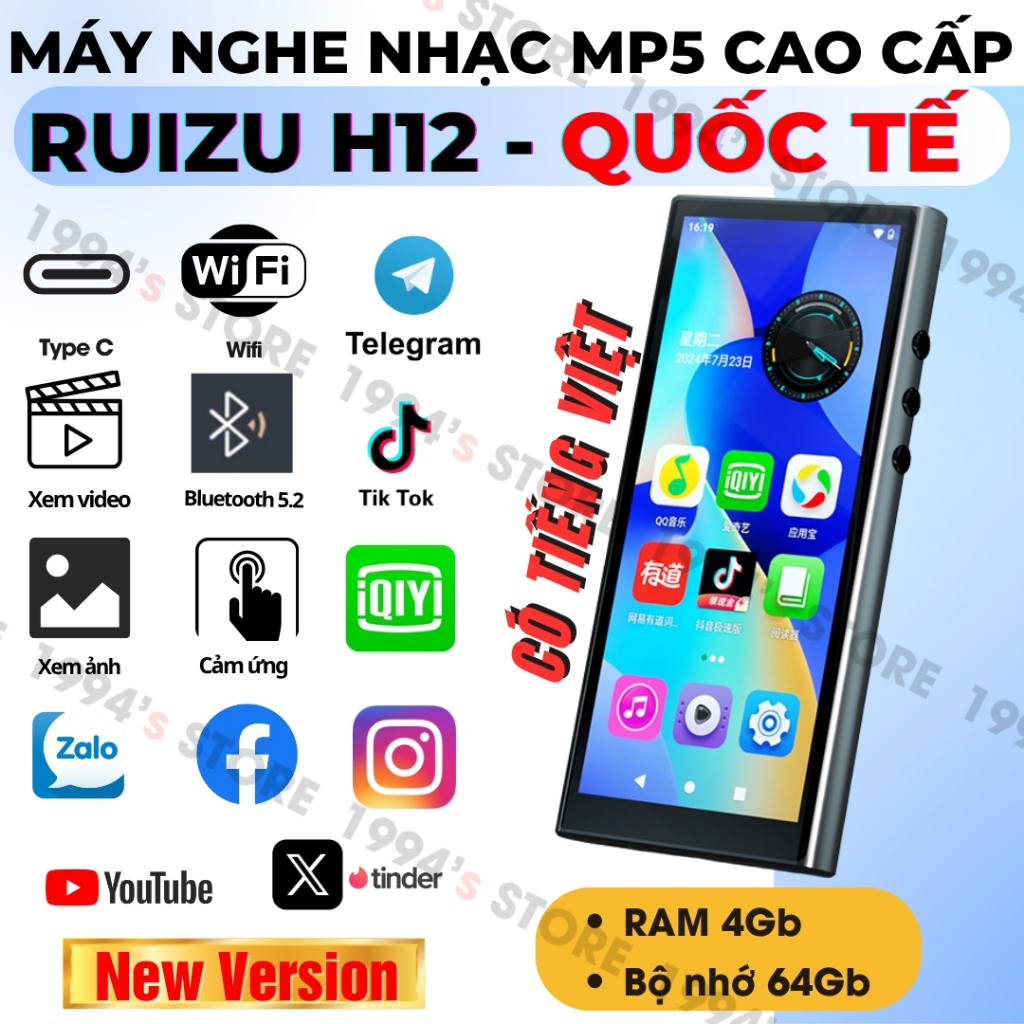 NEW VERSION Ruizu H12 Máy Nghe Nhạc Android MP3/MP4/MP5 - Có Tiếng Việt - WiFi, Bluetooth - Xem Yout