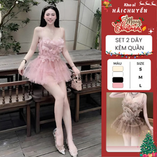   BST MỚI  Set áo 2 dây đính hoa và chân váy lưới bồng CÓ QUẦN Kho sỉ Hải Chuyền Đ544 