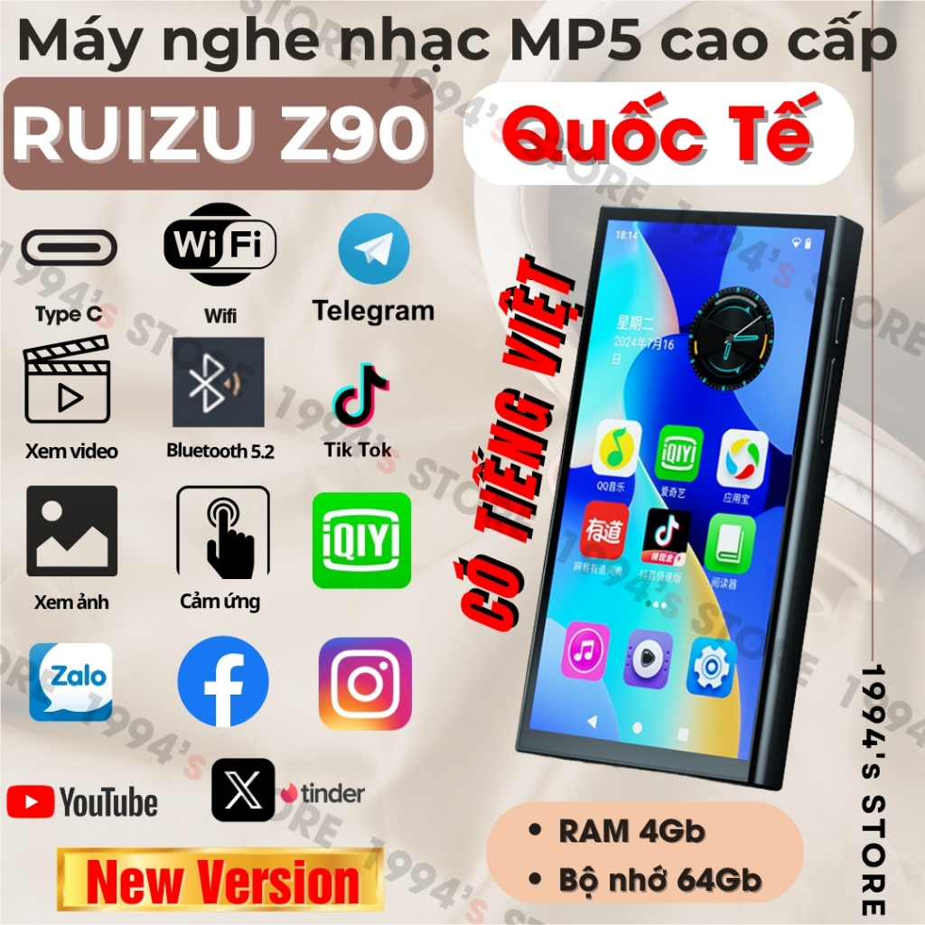 NEW VERSION Ruizu Z90, Ruizu H12 Máy Nghe Nhạc Android MP3/MP4/MP5 - Có Tiếng Việt- CÓ WiFi/Bluetoot