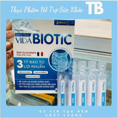 Men vi sinh ống Vida Biotic 3 tỉ lợi khuẩn, hộp 30 ống, thêm kẽm hỗ trợ tiêu hoá, giảm đầy hơi chướn