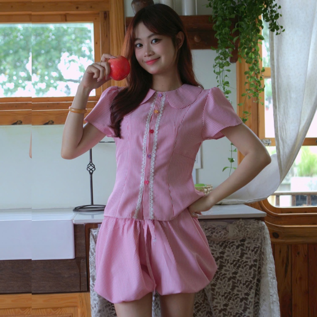 MGRACE – CANDY SET Chất Liệu Kate Cao Cấp, Áo Tay Ngắn Thắt Eo, Quần Ống Bí, Phong Cách Hàn Quốc