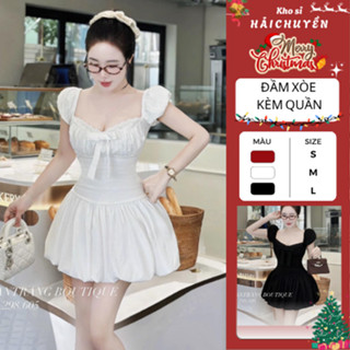   BST MỚI  Đầm xoè ngắn tay bồng đính nơ nhún phối ren KÈM QUẦN Kho sỉ Hải Chuyền Đ518 