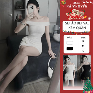  Set áo bẹt vai và chân váy len lông thỏ CÓ QUẦN kho sỉ Hải Chuyền 