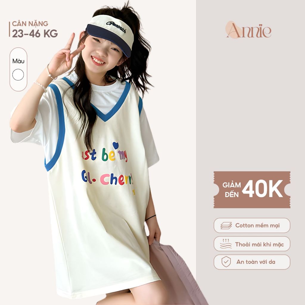 Váy bé gái size đại 50kg Annie Baby Đầm dáng suông chất cotton thoáng mát mùa hè Va25006