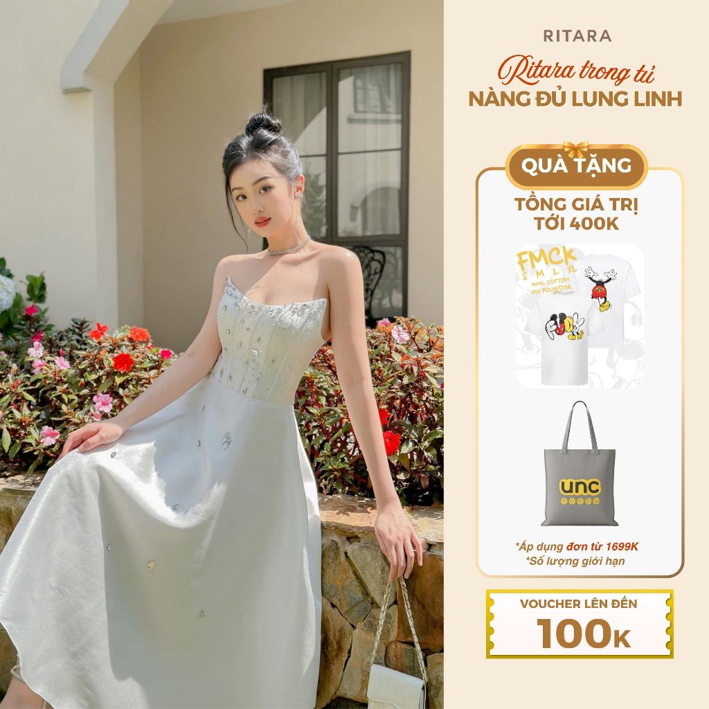 Đầm tiệc RITARA Ella White cúp ngực đính đá sang trọng