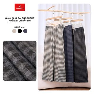  Quần dài nữ CARIDNA dáng suông chất dạ kẻ phối cạp cao có dây rút 5QDT42 