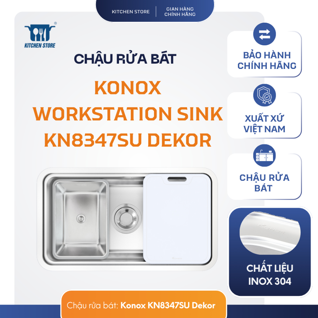 Chậu rửa bát 1 hố chống xước Konox KN8347SU Dekor Inox 304 Workstation kèm phụ kiện