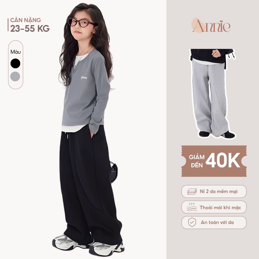 Quần Nỉ Dài Bé Gái Annie Baby Dáng Suông Ống Rộng Giữ Ấm Thoải Mái Đi Học Đi Chơi QD25004