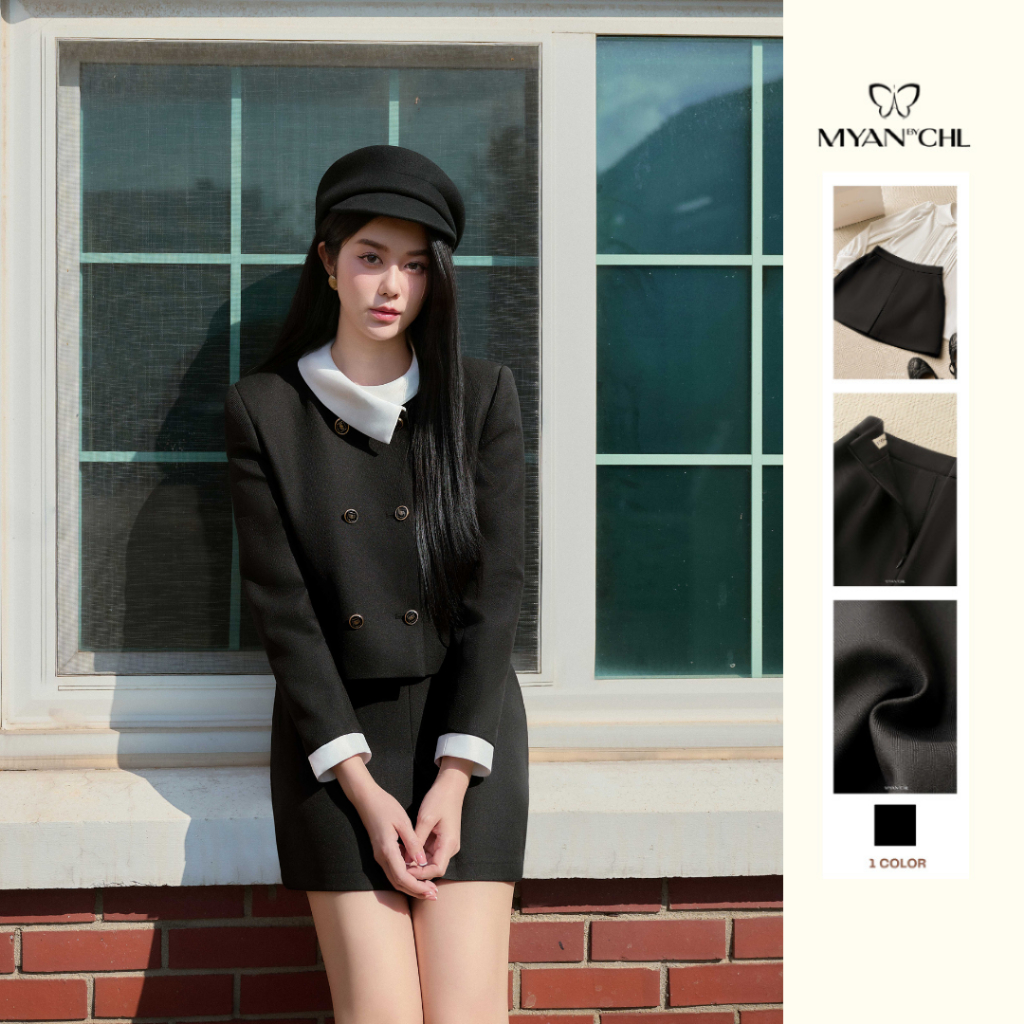 Áo Khoác Dáng Ngắn Cổ Bẻ Phối Chân Váy Dáng A Ngắn Ly Súp MYAN DESIGN Thời Trang Thanh Lịch 25FSAVB3