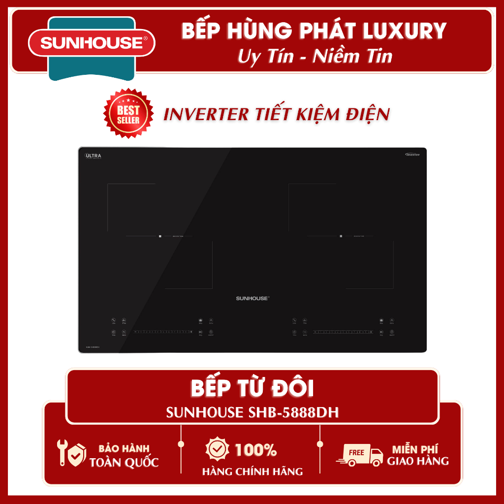 Bếp Từ Đôi SUNHOUSE SHB-5888DH, INVERTER Tiết Kiệm Điện, SLOW COOK Nấu Liu Riu, BOOSTER Nấu Nhanh