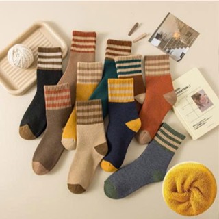  Tất vải bông dày lót lông cừu mùa đông dành cho nam nữ kẻ sọc ấm áp mùa đông 