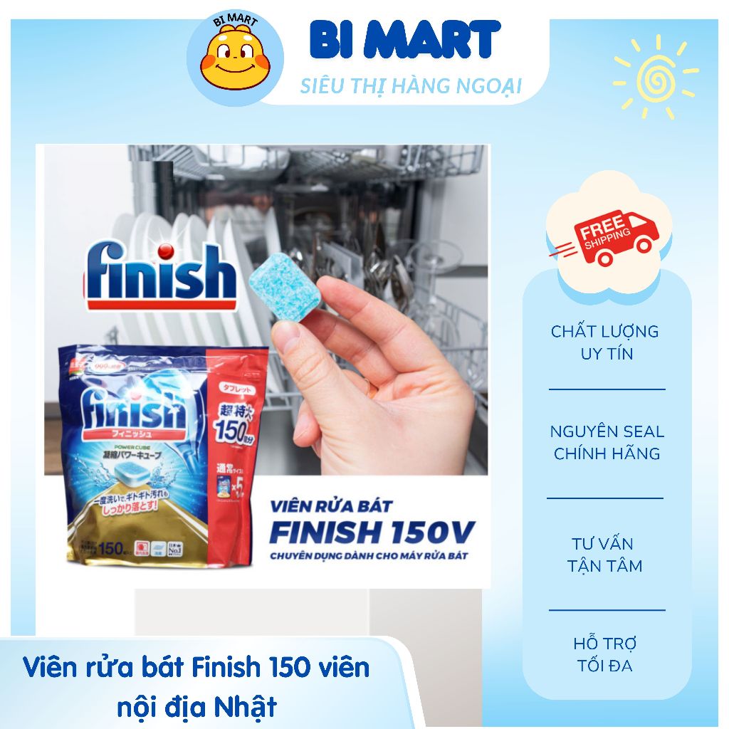 Viên rửa bát chuyên dụng Finish Power Cube TÚI 150 VIÊN  NHẬT BẢN diệt 99,9% vi khuẩn - Bi Mart