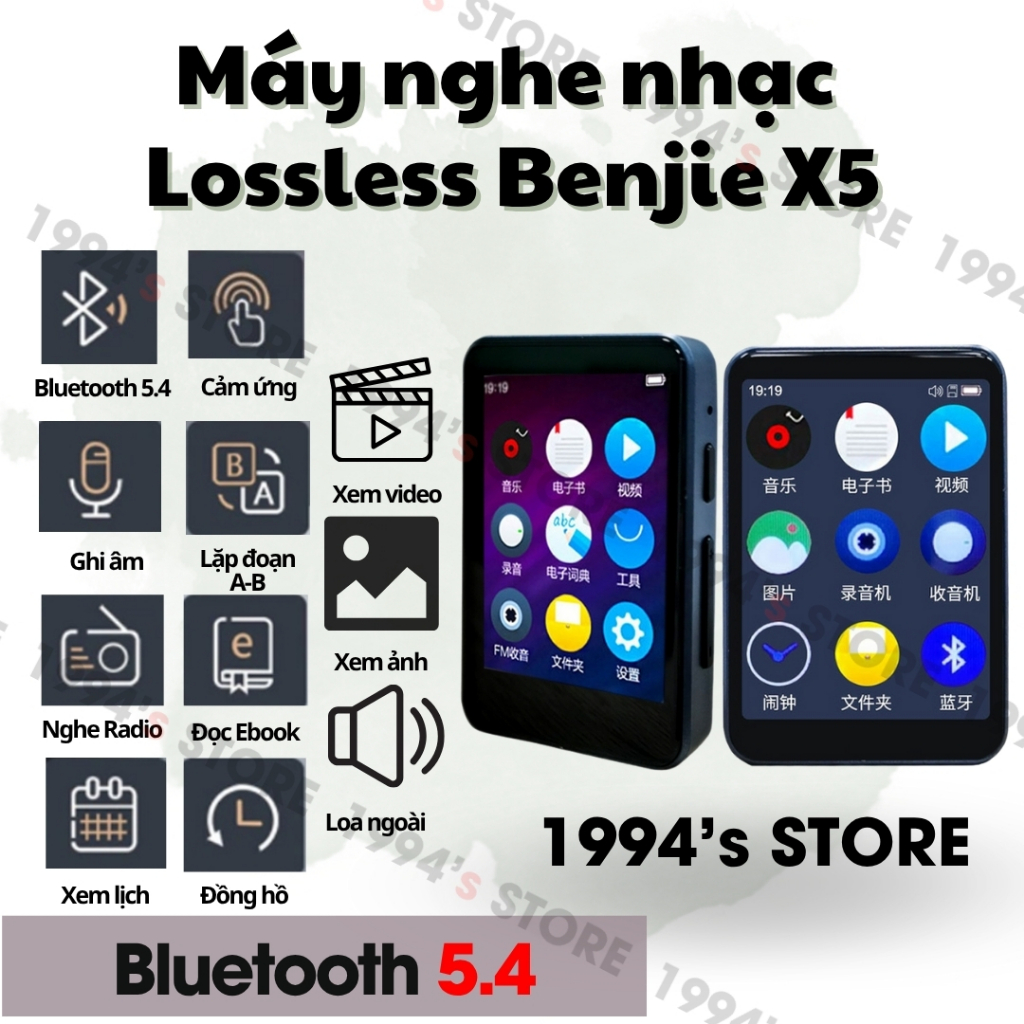Máy nghe nhạc cảm ứng giá rẻ Benjie X5 Bản 2026 Bluetooh 5.4 HIFI - Màn hình lớn 2.5 inch - Loa ngoà