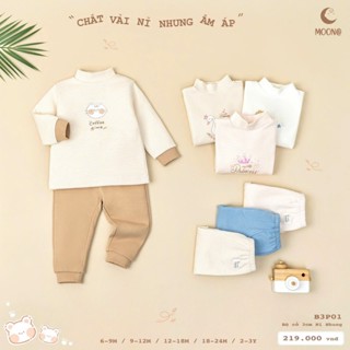 Bộ thu đông chui đầu giữ nhiệt  MOON vải nỉ nhung siêu ấm mềm mịn co giãn cổ 3cm cho bé trai bé gái cổ 3 phân 