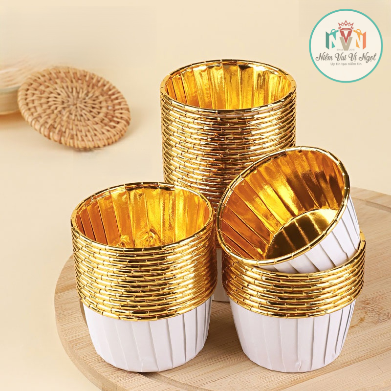 50 Cup giấy Nhũ, Ly giấy ép Nhũ, Cupcake ánh Nhũ trang trí tiệc & sự kiện - CUP TRẮNG VIỀN VÀNG