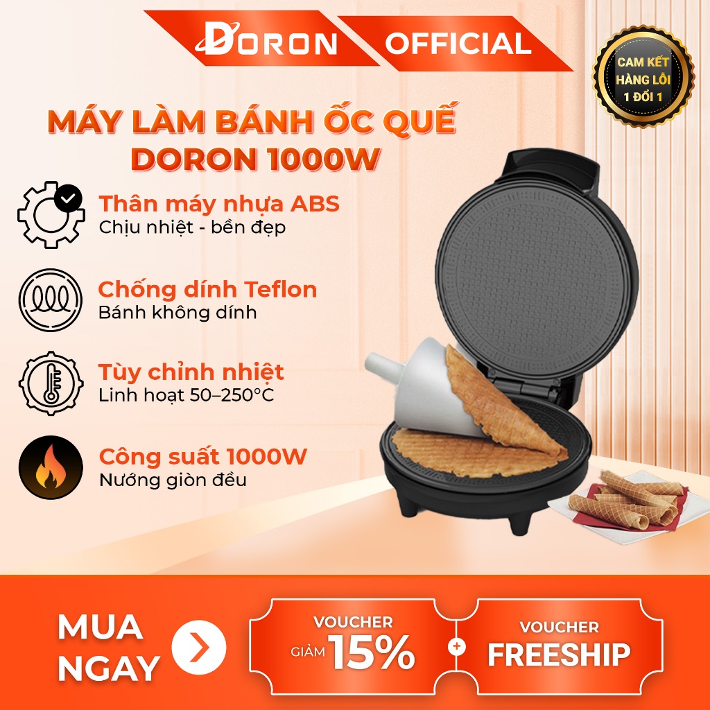 Máy làm bánh ốc quế DORON 1000W kiểm soát nhiệt độ chính xác, bánh thơm ngon