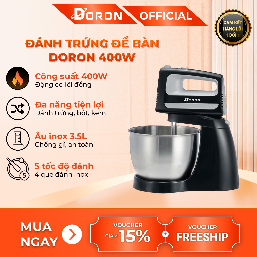 Máy đánh trứng trộn bột DORON 400W dung tích 3.5l, tích hợp chế độ cầm tay