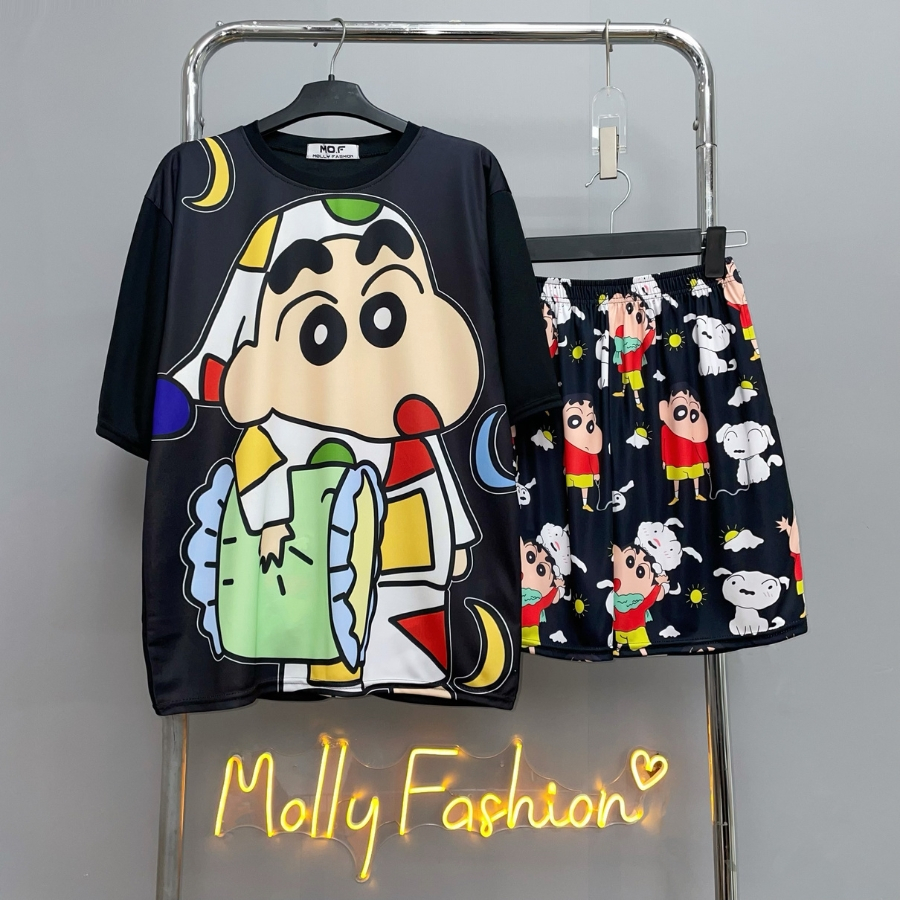 Đồ bộ unisex BST01 freesize | Set áo thun quần short hoạt hình nam nữ Molly Fashion