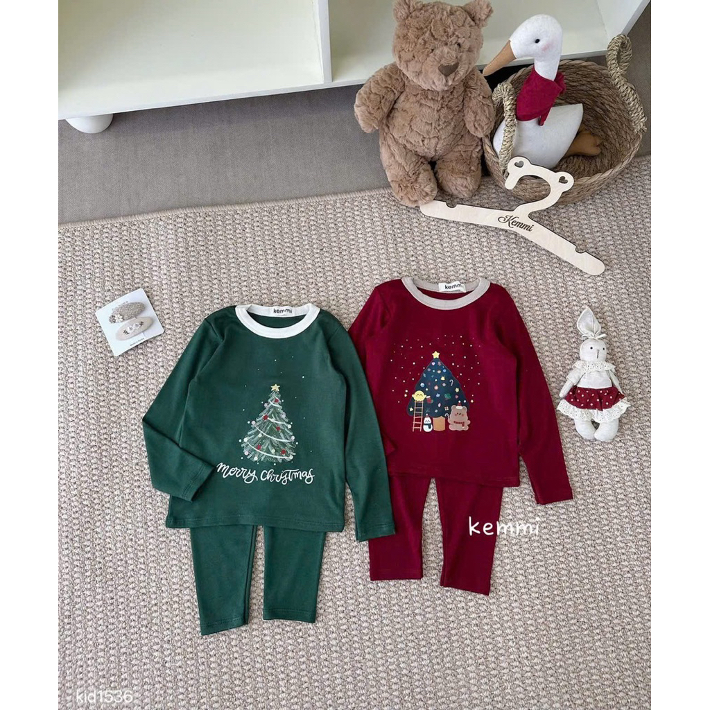 SET 2 BỘ BÉ DÀI TAY NOEL CÂY THÔNG XANH ĐỎ