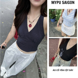   KHÔNG KÈM MÚT  Áo Croptop Linen Cổ Yếm Cột Dây Basic MYPU.SAIGON 